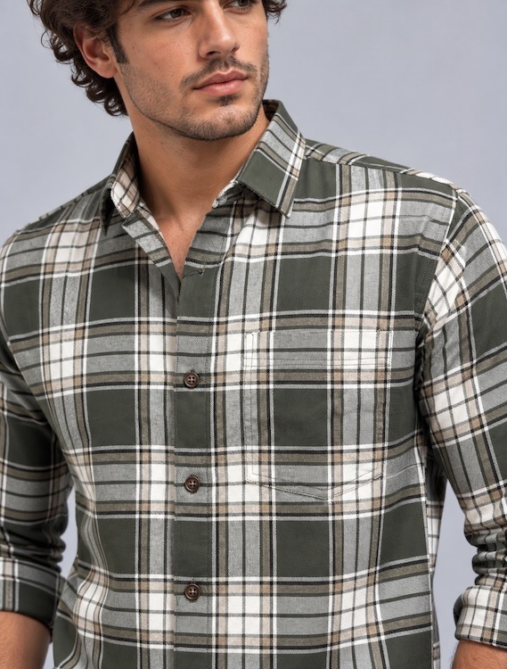 ODCC Men's Green & White Checkered Full Sleeve Cotton Twill Shirt with Chest Pocket YM0807 - 7