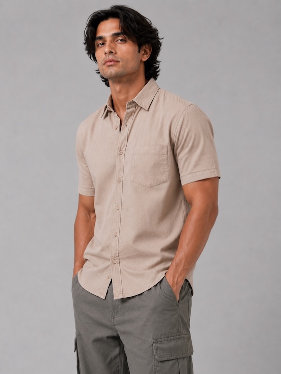 Men's Beige Cotton Linen Blend Half Sleeve Casual Shirt - 2