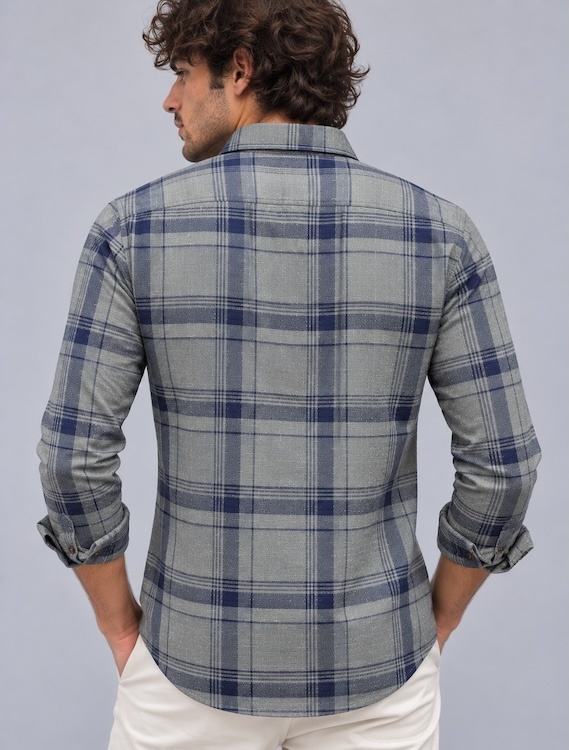 ODCC Men's Grey & Navy Blue Checkered Full Sleeve Cotton Twill St with Chest Pocket YM0808 - 6