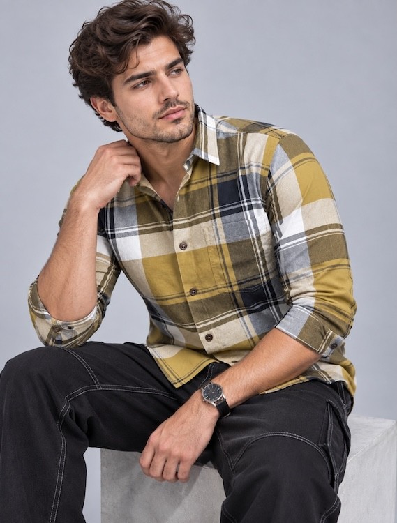 ODCC Men's Khaki & Black Checkered Full Sleeve Cotton Twill Shirt with Chest Pocket YM0805 - 4
