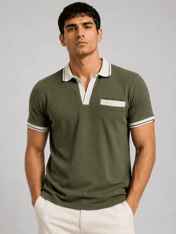 OODCC Men's Olive Green Textured Polo T-Shirt with Contrast Collar & Pocket T02561