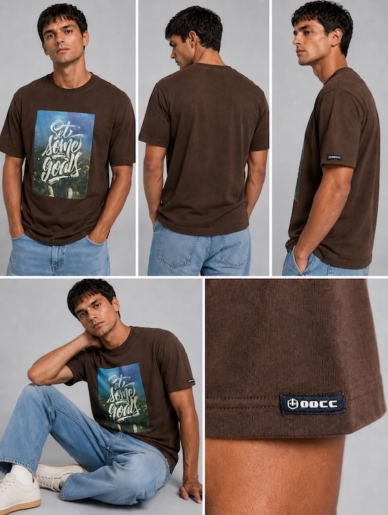 Men's Brown Typography Printed Round Neck T-Shirt | Regular Fit | ODCC - 6