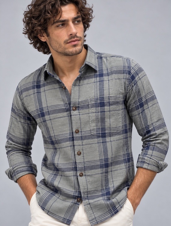 ODCC Men's Grey & Navy Blue Checkered Full Sleeve Cotton Twill St with Chest Pocket YM0808 - 3
