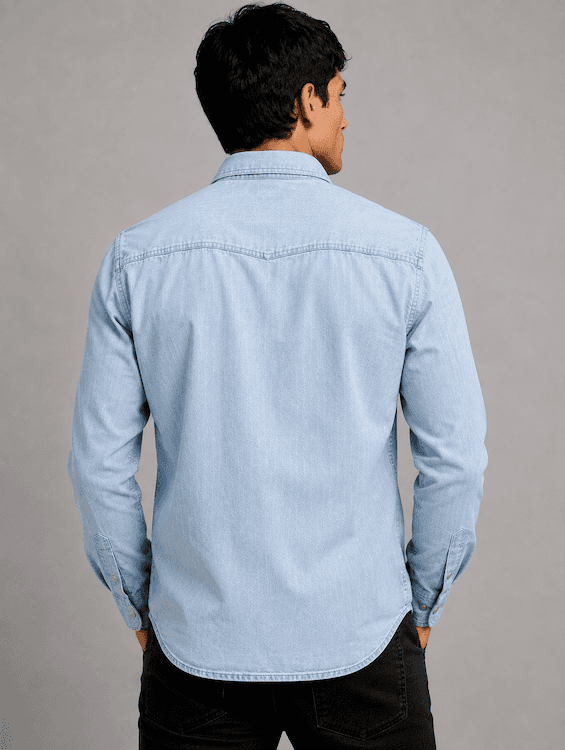 ODCC Men's Lite Blue Faded Washed Denim Shirt with Matte Silver Press Buttons RN0059 - 4
