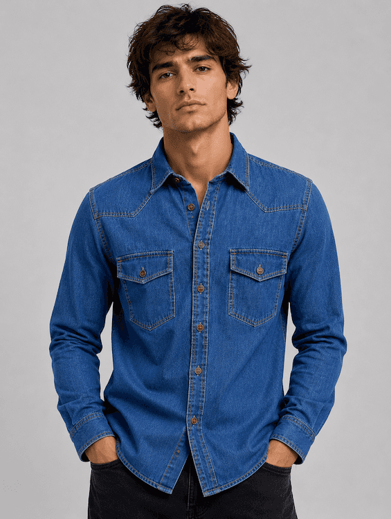 ODCC Men's Mid Blue Vintage Washed Denim Shirt with Brown Stitched Buttons RN0058