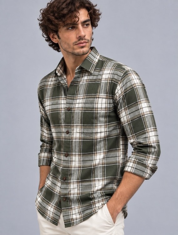 ODCC Men's Green & White Checkered Full Sleeve Cotton Twill Shirt with Chest Pocket YM0807 - 3