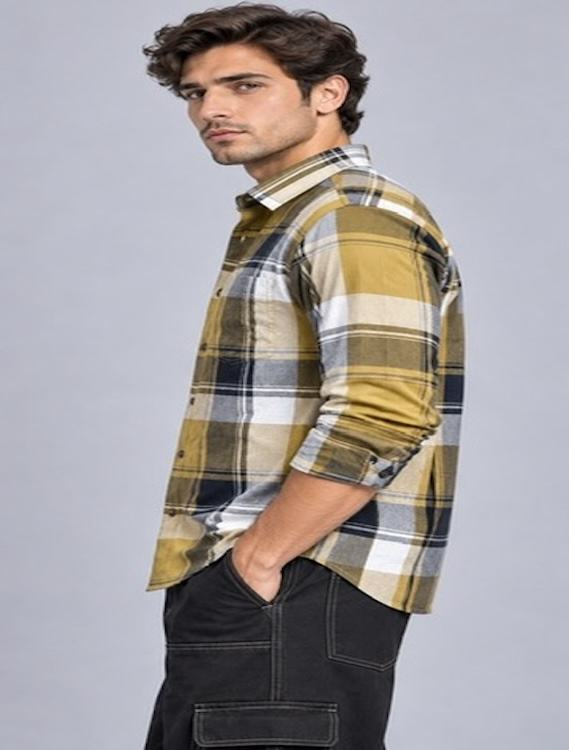 ODCC Men's Khaki & Black Checkered Full Sleeve Cotton Twill Shirt with Chest Pocket YM0805 - 3