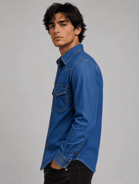 ODCC Men's Mid Blue Vintage Washed Denim Shirt with Brown Stitched Buttons RN0058 - 2