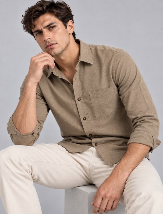 ODCC Men's Light Brown Plain Full Sleeve Cotton Shirt with Chest YM0802 - 4