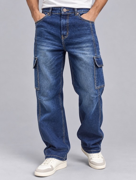 ODCC Men's Dark Blue Shaded Washed Denim Cargo Jeans with Side Flap Pockets – J1785 - 2