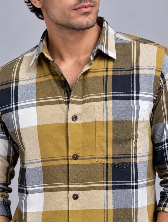 ODCC Men's Khaki & Black Checkered Full Sleeve Cotton Twill Shirt with Chest Pocket YM0805 - 5