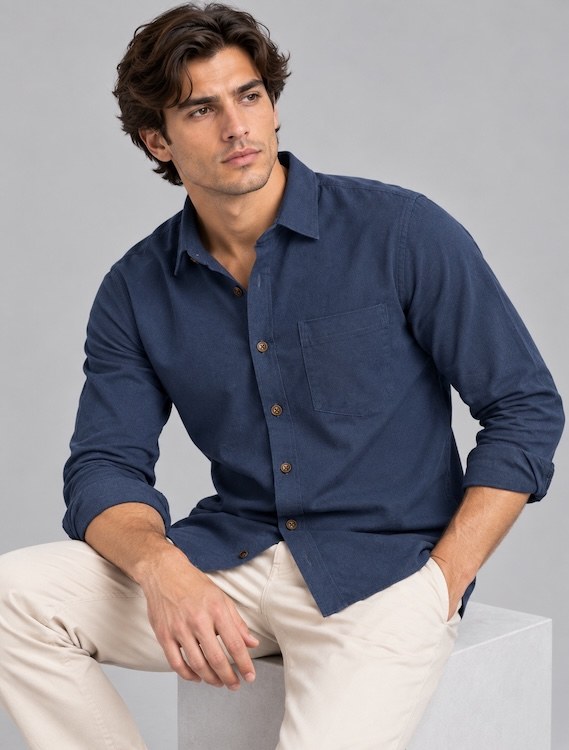 ODCC Men's Navy Blue Plain Full Sleeve Cotton Shirt with Chest YM0799 - 3