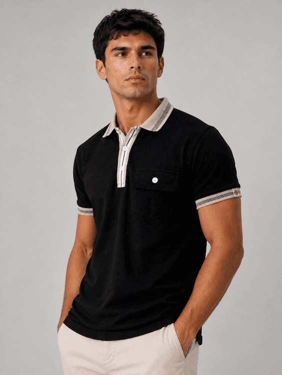 ODCC Men's Black Textured Polo T-Shirt with Contrast Collar & Pocket Detail | T02562 - 3