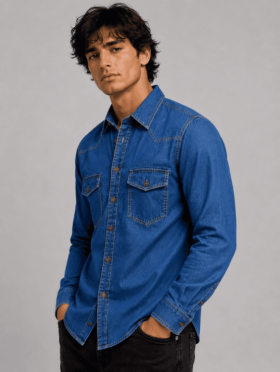 ODCC Men's Mid Blue Vintage Washed Denim Shirt with Brown Stitched Buttons RN0058 - 3