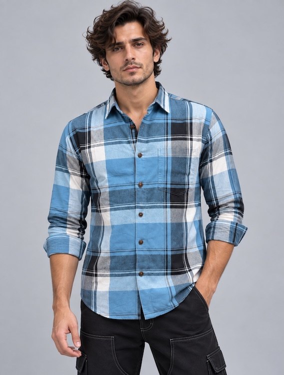 ODCC Men's Light Blue & Navy Blue Checkered Full Sleeve Cotton Tt with Chest Pocket YM0806