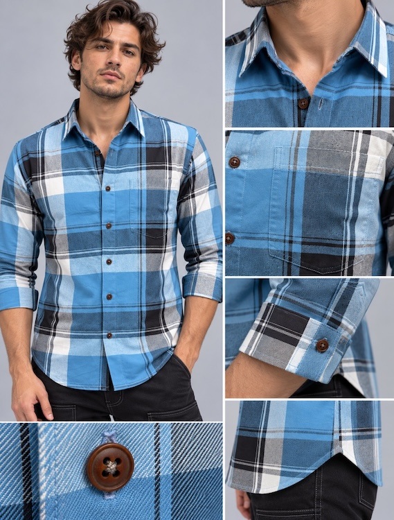 ODCC Men's Light Blue & Navy Blue Checkered Full Sleeve Cotton Tt with Chest Pocket YM0806 - 6