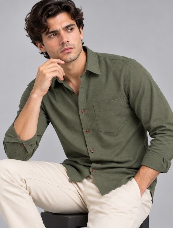 ODCC Men's Green Plain Full Sleeve Cotton Shirt with Chest Pocke YM0800 - 4