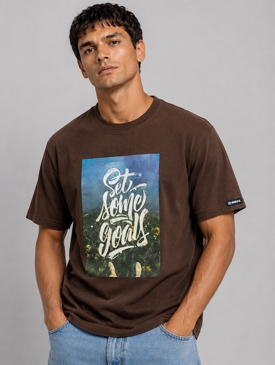 Men's Brown Typography Printed Round Neck T-Shirt | Regular Fit | ODCC