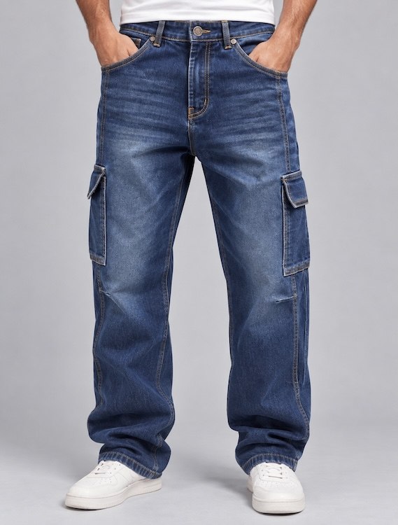 ODCC Men's Dark Blue Shaded Washed Denim Cargo Jeans with Side Flap Pockets – J1785
