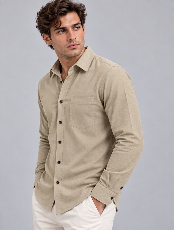 ODCC Men's Beige Plain Full Sleeve Cotton Shirt with Pocket YM0804