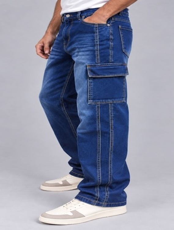 ODCC Men's Dark Blue Shaded Washed Denim Cargo Jeans with Side Flap Pockets – J1785 - 4