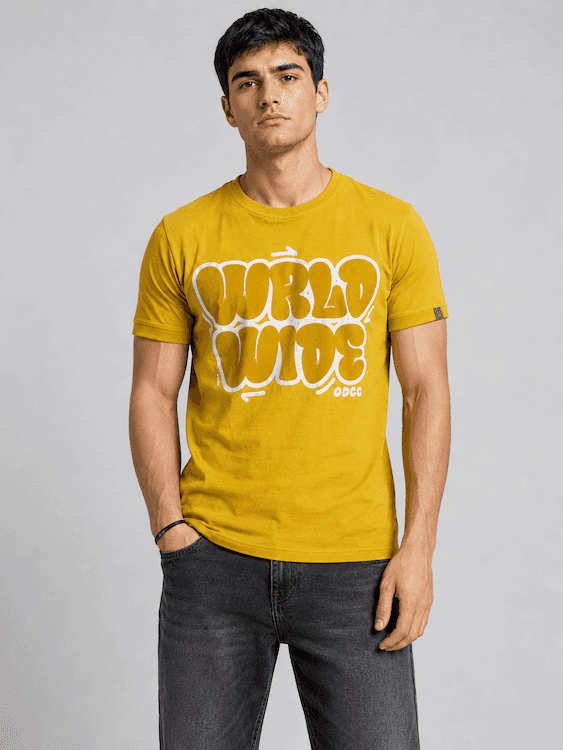 ODCC Mustard Yellow World Wide Graphic Printed T-Shirt T02564