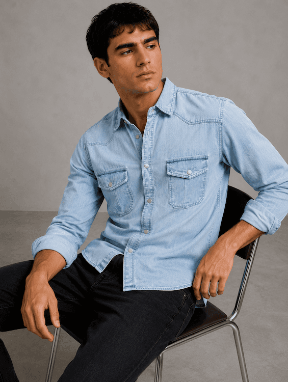 ODCC Men's Lite Blue Faded Washed Denim Shirt with Matte Silver Press Buttons RN0059 - 6