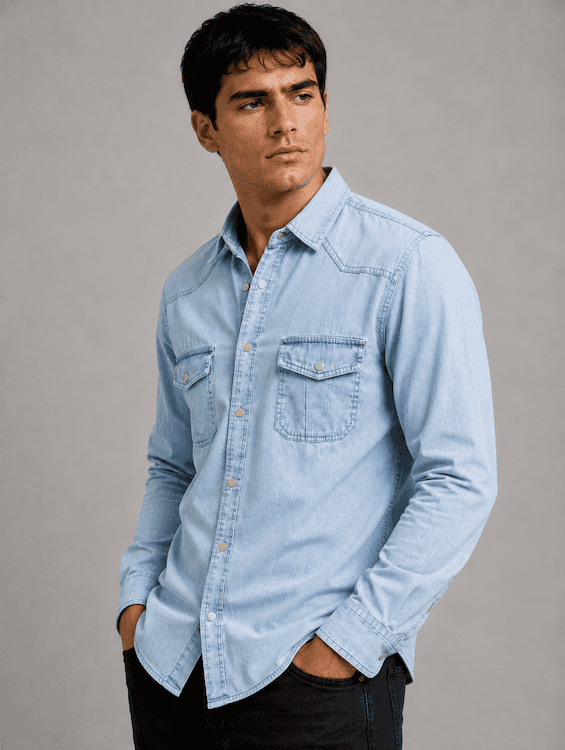 ODCC Men's Lite Blue Faded Washed Denim Shirt with Matte Silver Press Buttons RN0059 - 2