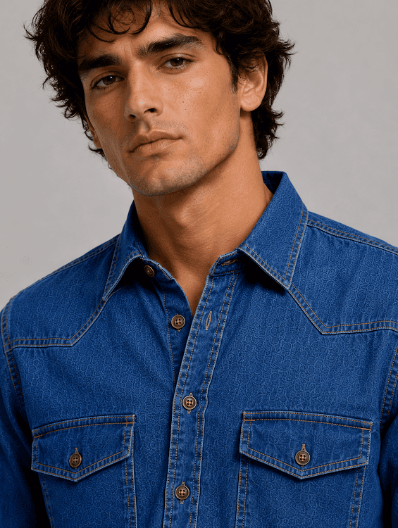 ODCC Men's Mid Blue Vintage Washed Denim Shirt with Brown Stitched Buttons RN0058 - 6