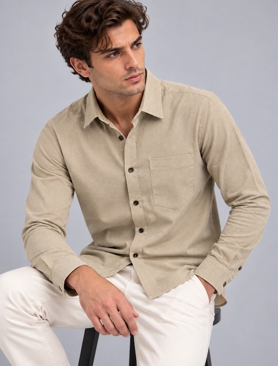ODCC Men's Beige Plain Full Sleeve Cotton Shirt with Pocket YM0804 - 4