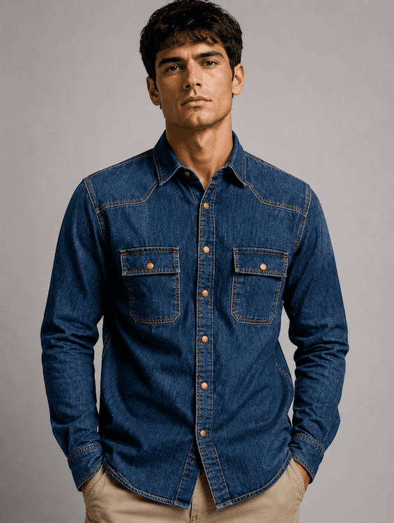 ODCC Men's Dark Blue Khaki Tint Faded Washed Denim Shirt with Matte Brass Press Buttons RN0060 - 5