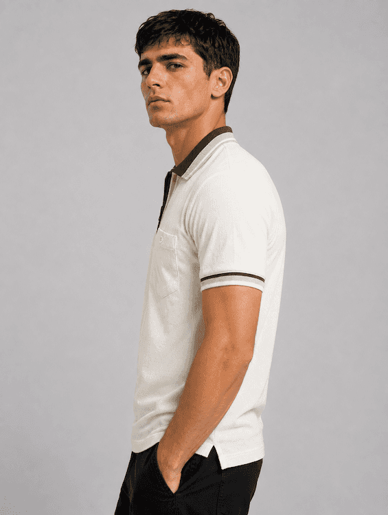 ODODCC Men's Off-White Polo T-Shirt with Olive Green Contrast Collar & Black Zip – T02559 - 3