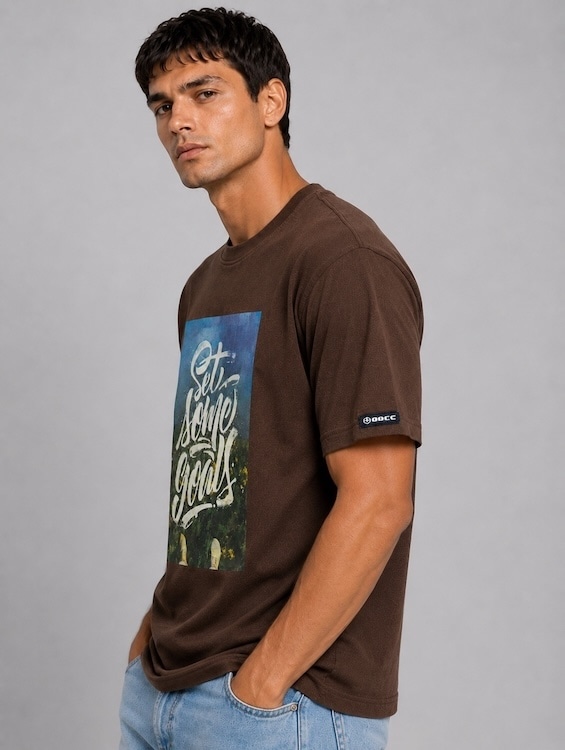 Men's Brown Typography Printed Round Neck T-Shirt | Regular Fit | ODCC - 4