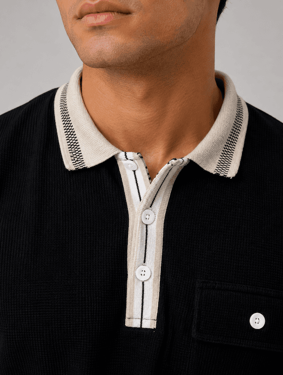 ODCC Men's Black Textured Polo T-Shirt with Contrast Collar & Pocket Detail | T02562 - 5