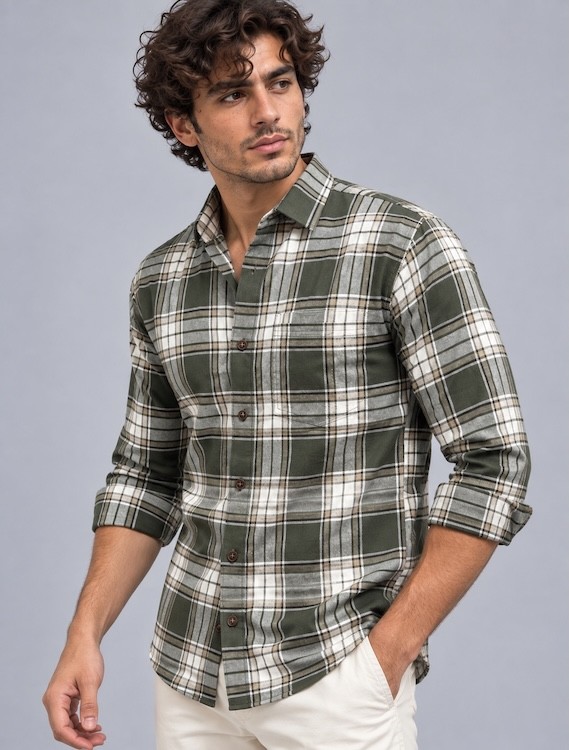 ODCC Men's Green & White Checkered Full Sleeve Cotton Twill Shirt with Chest Pocket YM0807 - 2