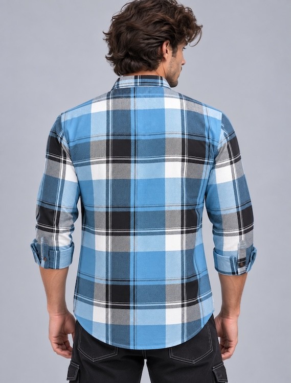 ODCC Men's Light Blue & Navy Blue Checkered Full Sleeve Cotton Tt with Chest Pocket YM0806 - 5