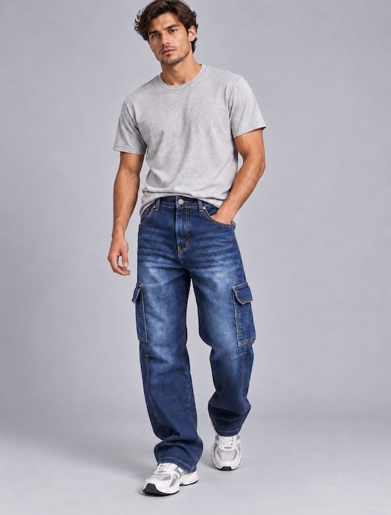 ODCC Men's Dark Blue Shaded Washed Denim Cargo Jeans with Side Flap Pockets – J1785 - 6