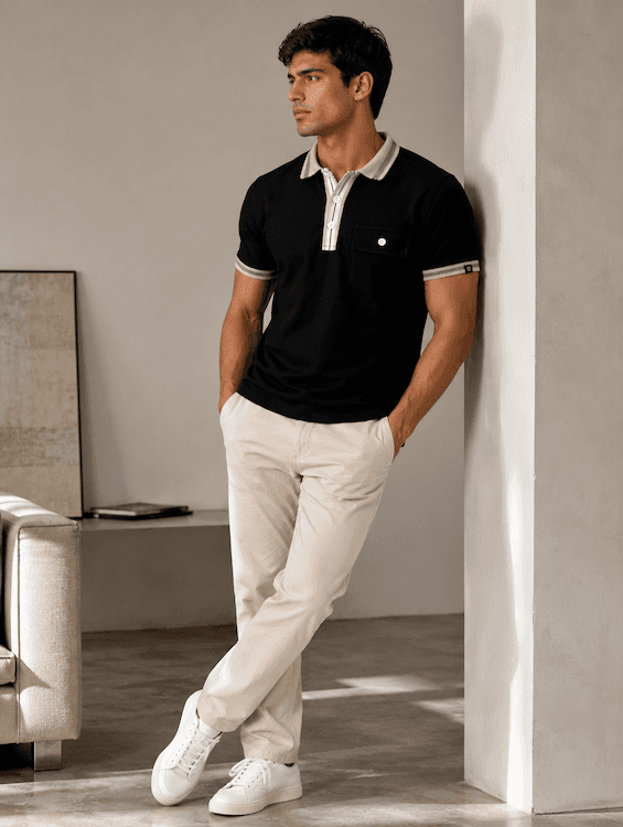 ODCC Men's Black Textured Polo T-Shirt with Contrast Collar & Pocket Detail | T02562 - 7