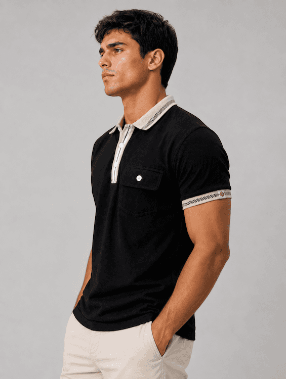 ODCC Men's Black Textured Polo T-Shirt with Contrast Collar & Pocket Detail | T02562 - 2