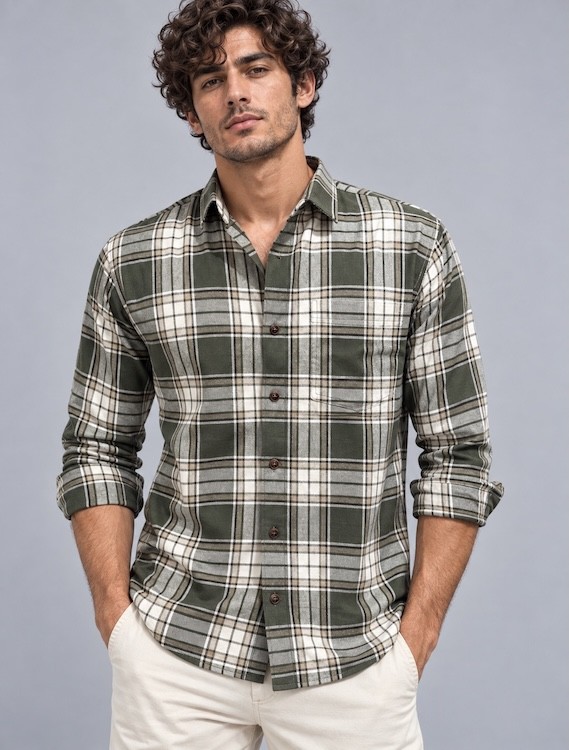 ODCC Men's Green & White Checkered Full Sleeve Cotton Twill Shirt with Chest Pocket YM0807