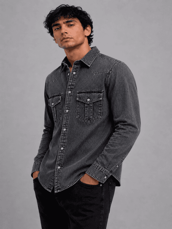 Men's Mid Black Denim Shirt | ODCC RN0052 - 2
