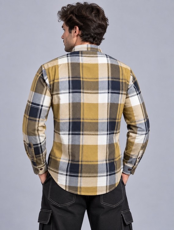 ODCC Men's Khaki & Black Checkered Full Sleeve Cotton Twill Shirt with Chest Pocket YM0805 - 6