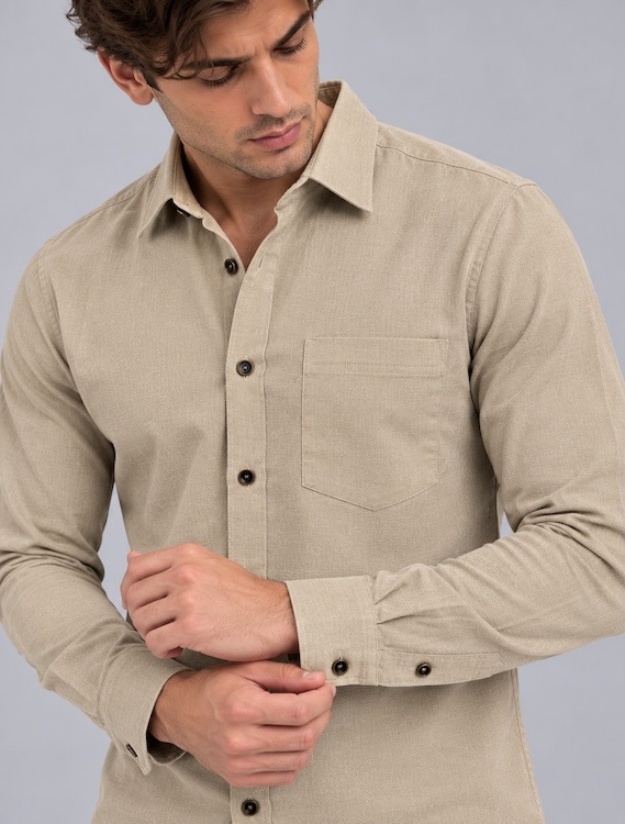 ODCC Men's Beige Plain Full Sleeve Cotton Shirt with Pocket YM0804 - 3