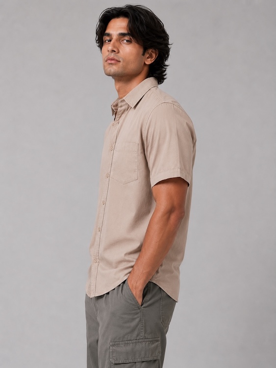 Men's Beige Cotton Linen Blend Half Sleeve Casual Shirt - 3