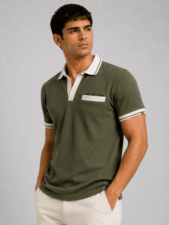 OODCC Men's Olive Green Textured Polo T-Shirt with Contrast Collar & Pocket T02561 - 3