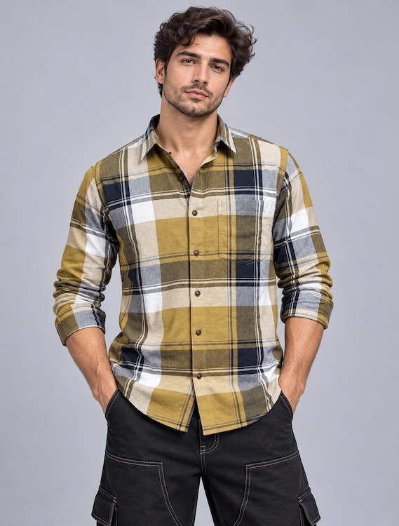 ODCC Men's Khaki & Black Checkered Full Sleeve Cotton Twill Shirt with Chest Pocket YM0805