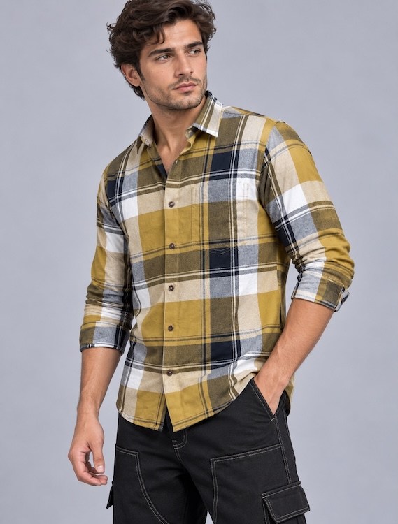 ODCC Men's Khaki & Black Checkered Full Sleeve Cotton Twill Shirt with Chest Pocket YM0805 - 2