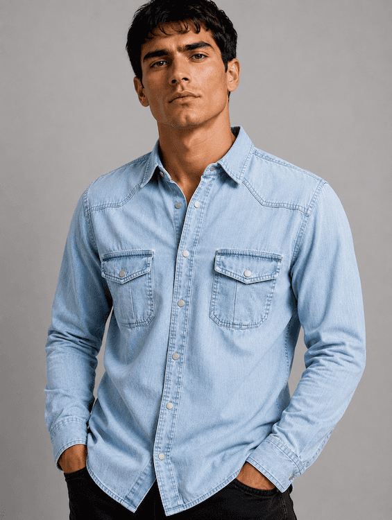ODCC Men's Lite Blue Faded Washed Denim Shirt with Matte Silver Press Buttons RN0059