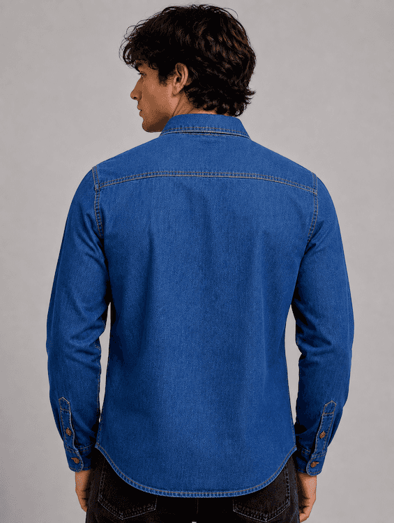 ODCC Men's Mid Blue Vintage Washed Denim Shirt with Brown Stitched Buttons RN0058 - 5