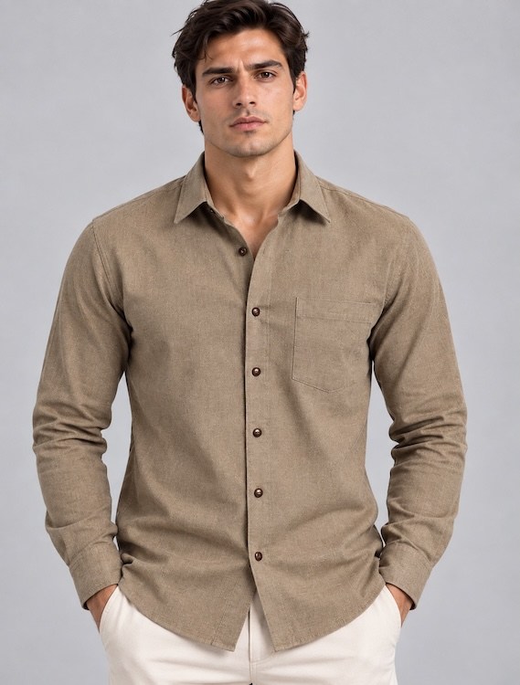 ODCC Men's Light Brown Plain Full Sleeve Cotton Shirt with Chest YM0802